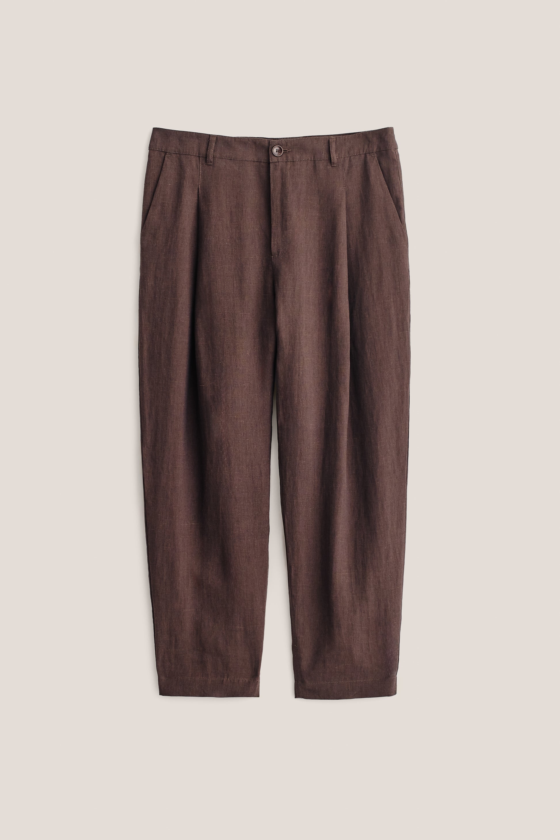Men's long-pants, 100% linen, canvas weave, brown, single front pleat, tapered, cropped leg.