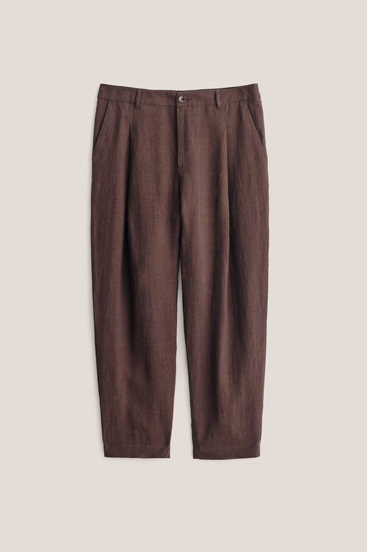 Men's long-pants, 100% linen, canvas weave, brown, single front pleat, tapered, cropped leg.