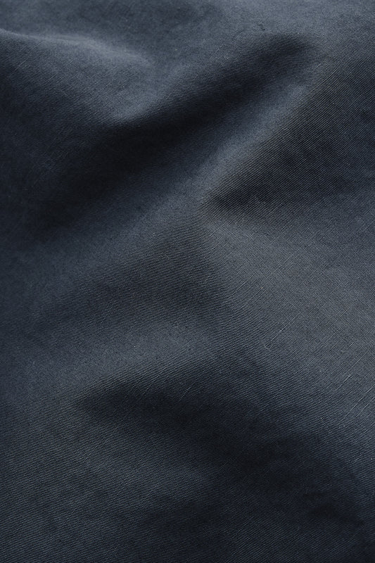 Men's long-pants, cotton-linen blend, garment dyed navy.