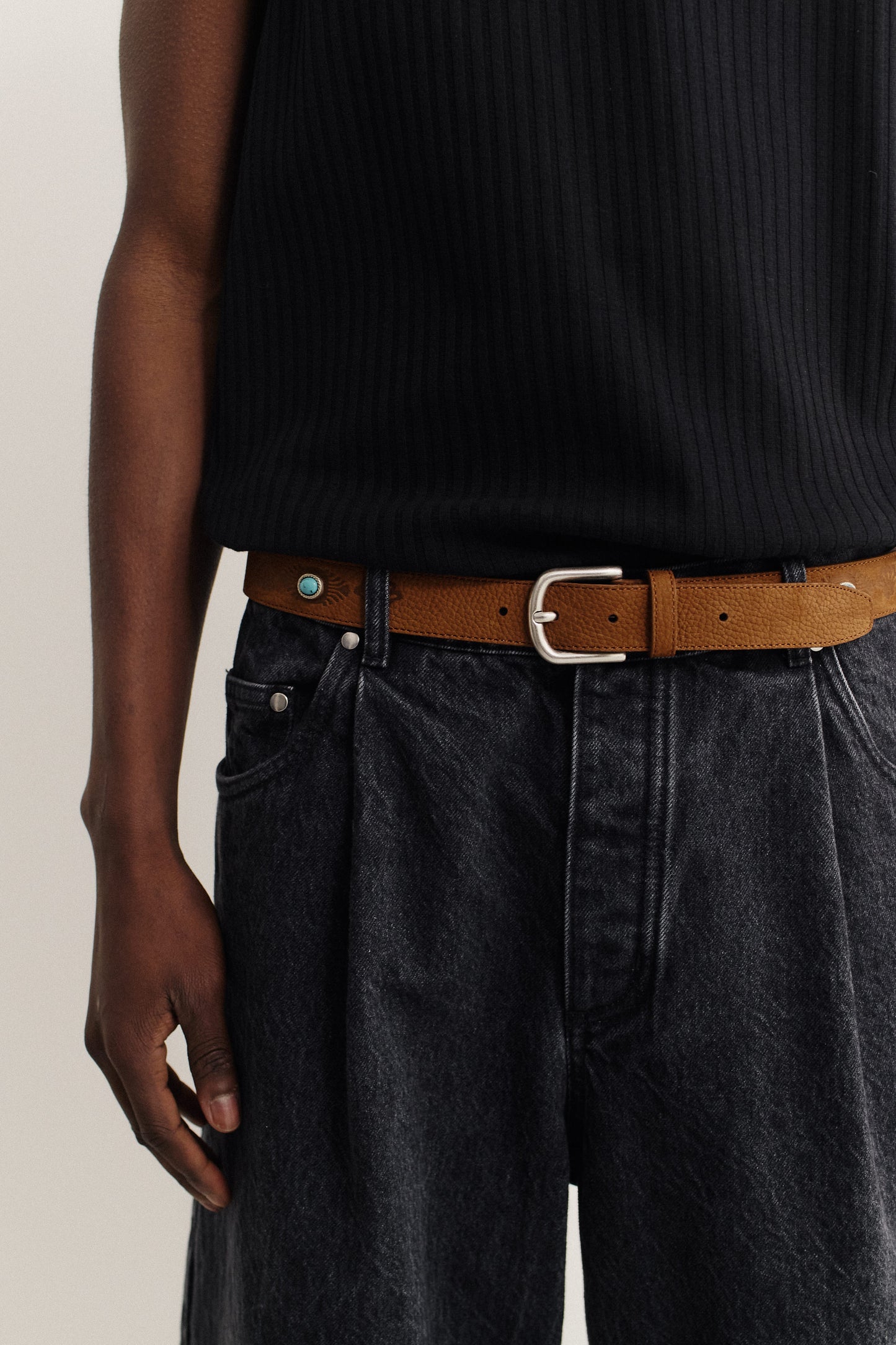 Women's accessories belt, brown nubuck leather with silver buckle and turquoise stud.