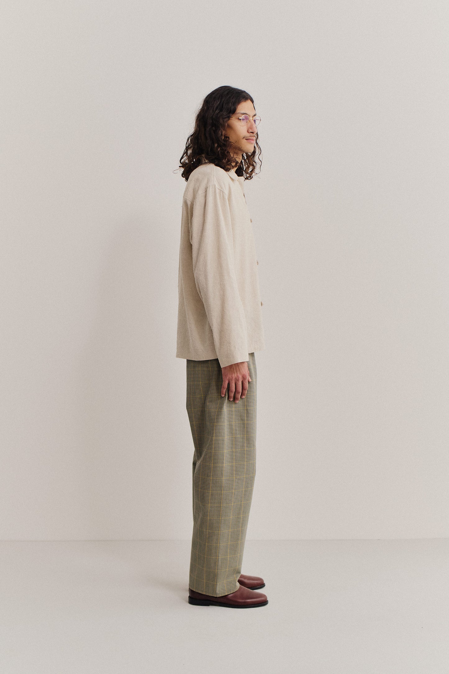 Men's long-sleeved overshirt, linen-silk blend, undyed natural beige, oversized fit with dropped shoulder.