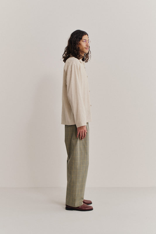 Men's long-sleeved overshirt, linen-silk blend, undyed natural beige, oversized fit with dropped shoulder.