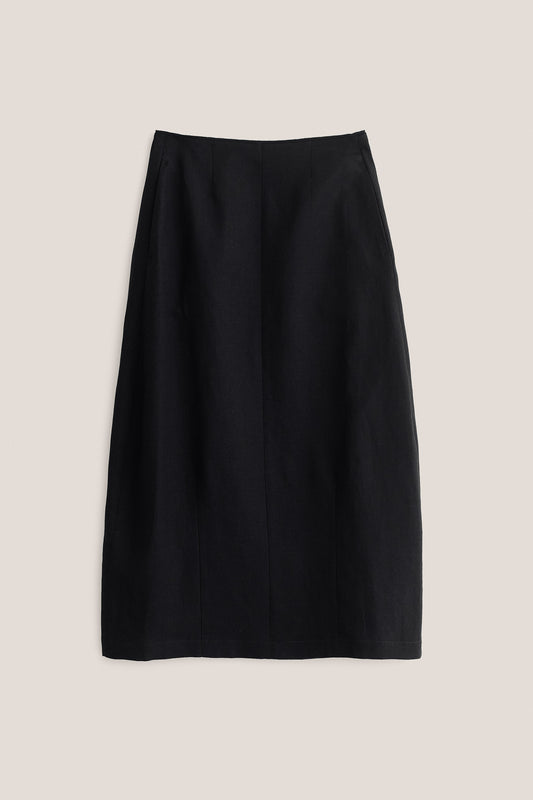 Women's midi skirt, black virgin wool and linen blend, o-shaped silhouette, with side seam pockets.