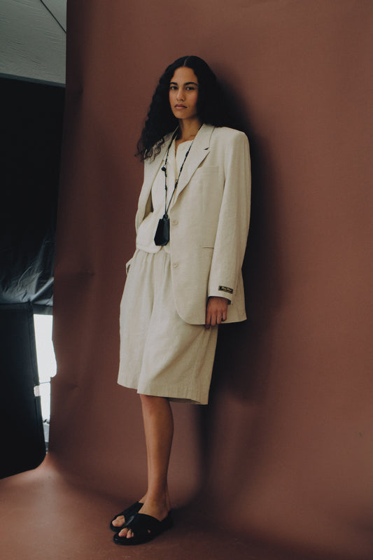 Women's tailoring blazer and shorts set, linen-silk blend, natural textured, mambrui sand.