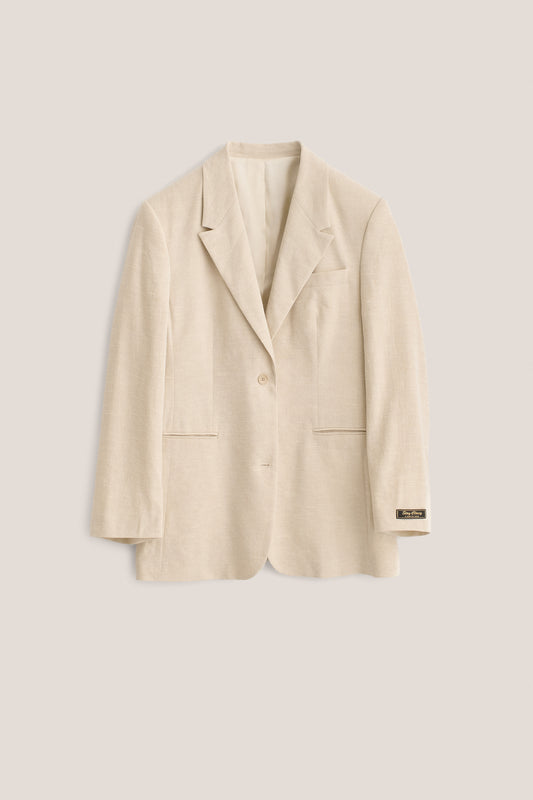 Women's tailoring blazer, linen-silk blend, mambrui sand, oversized fit, wide lapel, two welt pockets.