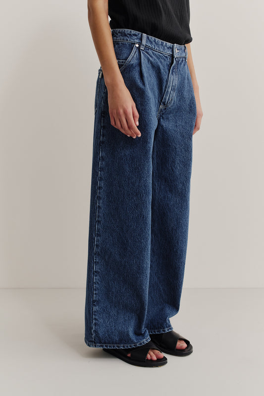 Women's long pants, Padma Pleated Denim, recycled cotton mix, stone washed, pure indigo blue, wide leg.