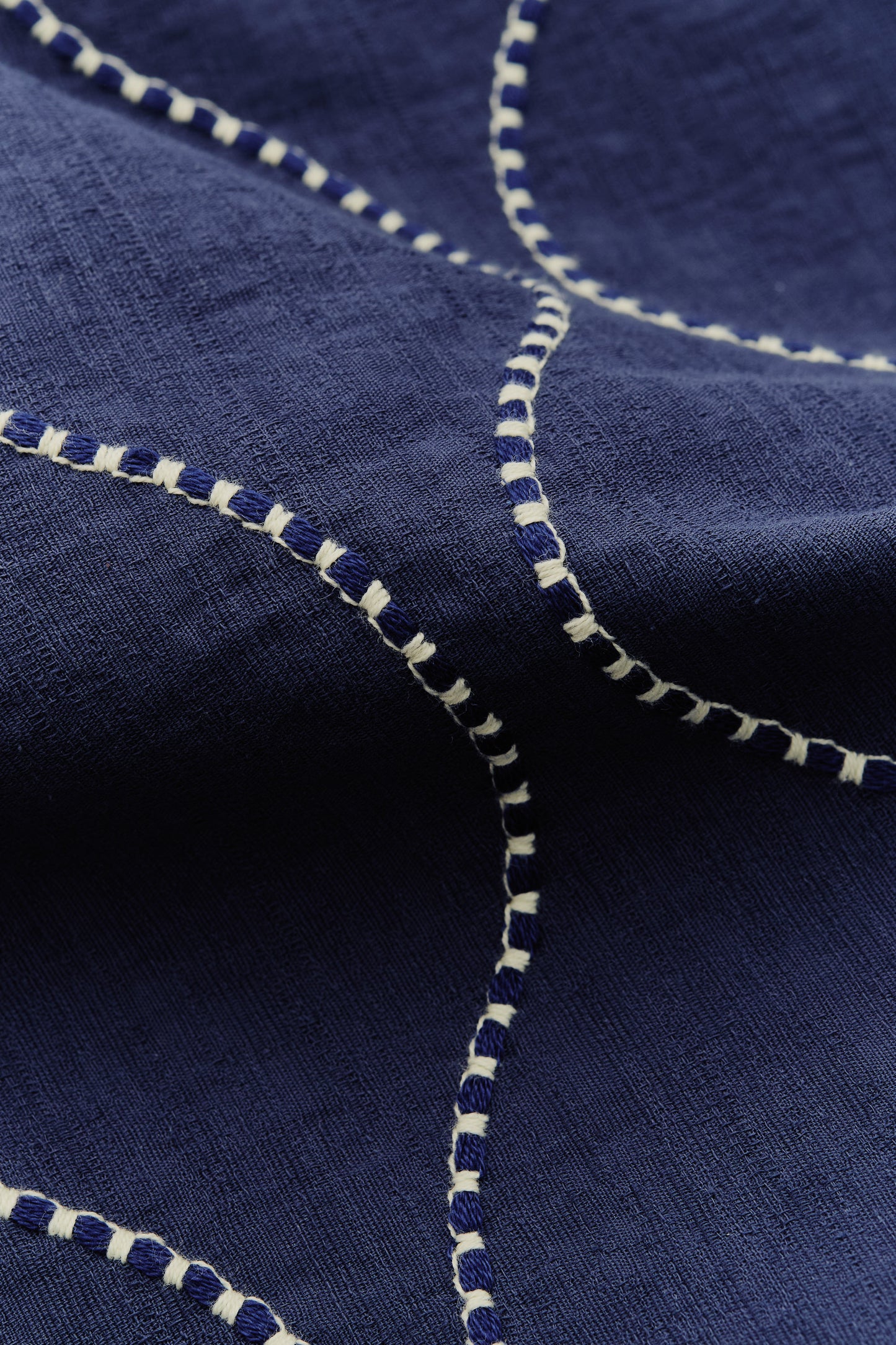 Men's long-sleeved shirt, cotton, embroidered wavy pattern, navy with white contrast stitching.