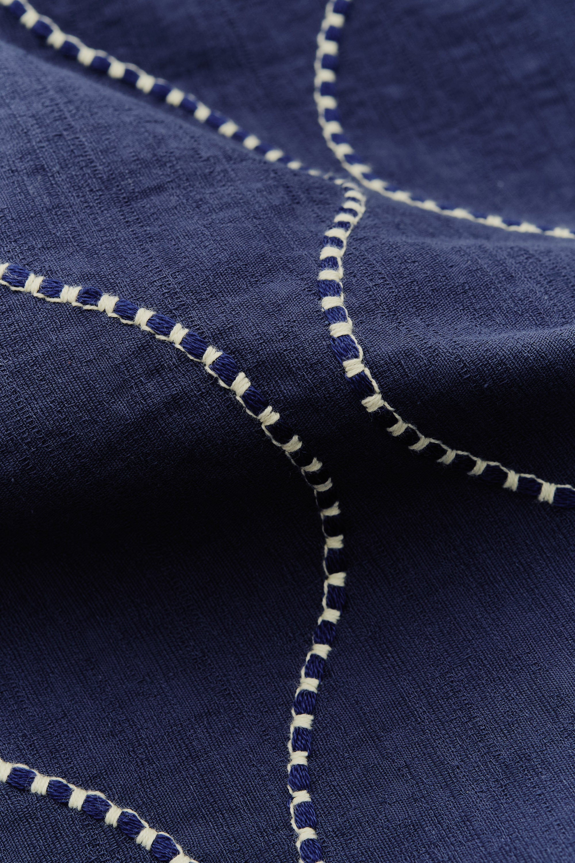 Men's long-sleeved shirt, cotton, embroidered wavy pattern, navy with white contrast stitching.