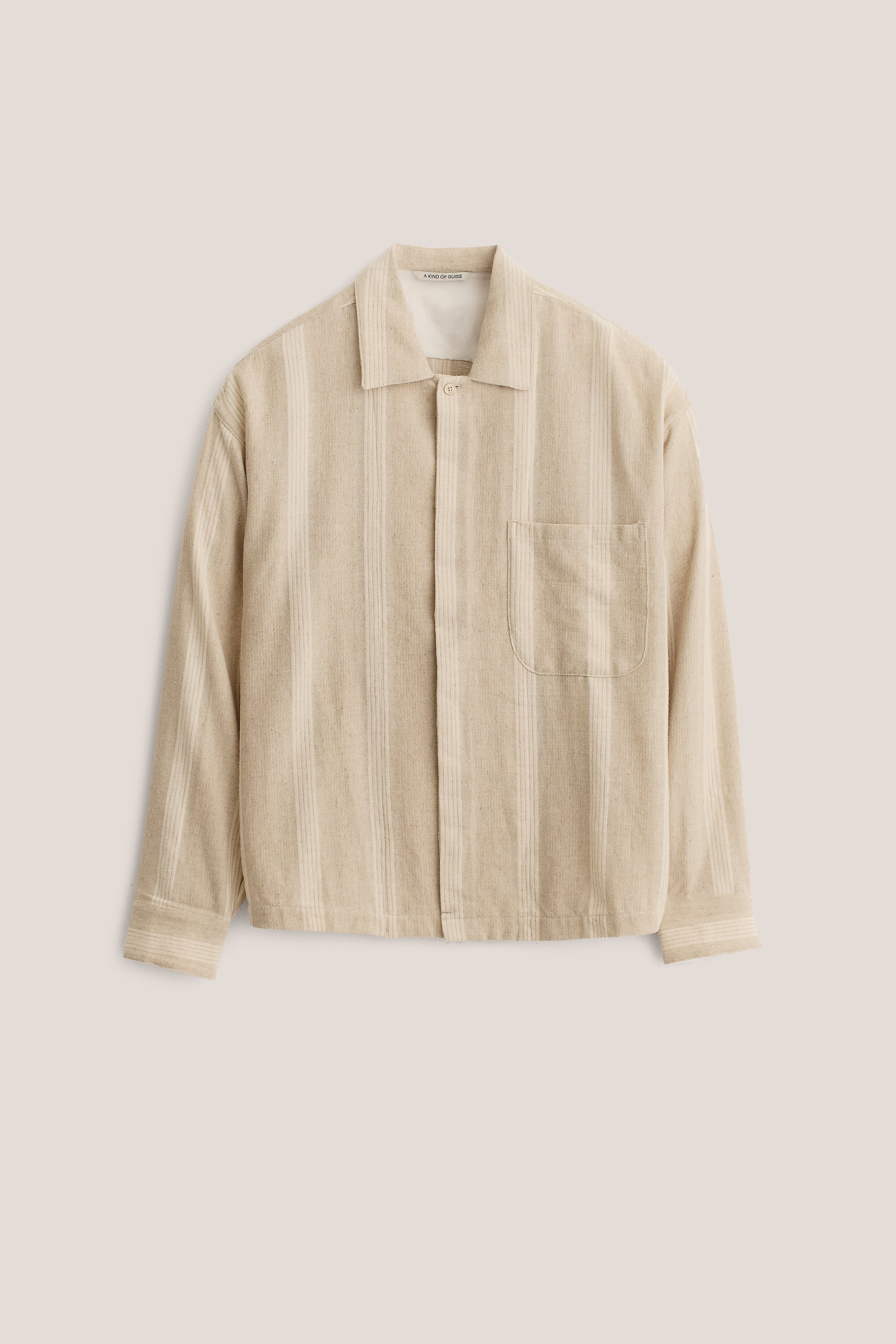 Men's long-sleeved shirt, cotton-linen blend, herringbone with off-white stripes, melange soft brown.