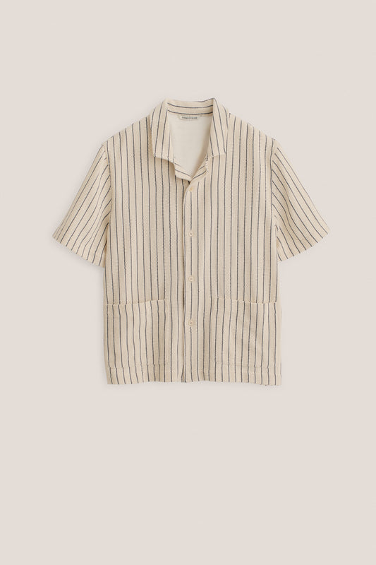 Men's short-sleeved shirt, cotton mix, off-white with navy engineered stripes, rounded spread collar, double patch pockets.