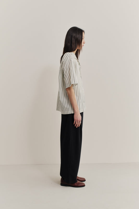 Men's short-sleeved shirt, cotton-silk-linen blend, washed finish, striped, off-white with subtle green stripes.