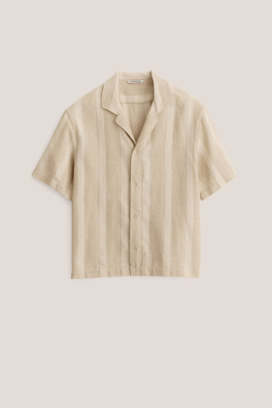 Men's short-sleeved shirt, cotton-linen blend, herringbone with off-white stripes, beige.