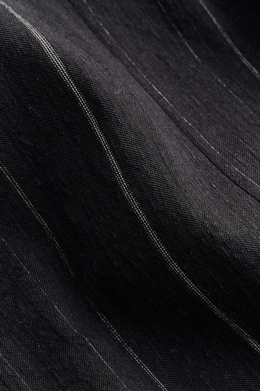 Men's long pants, cotton linen blend, faded black with subtle white stripes.