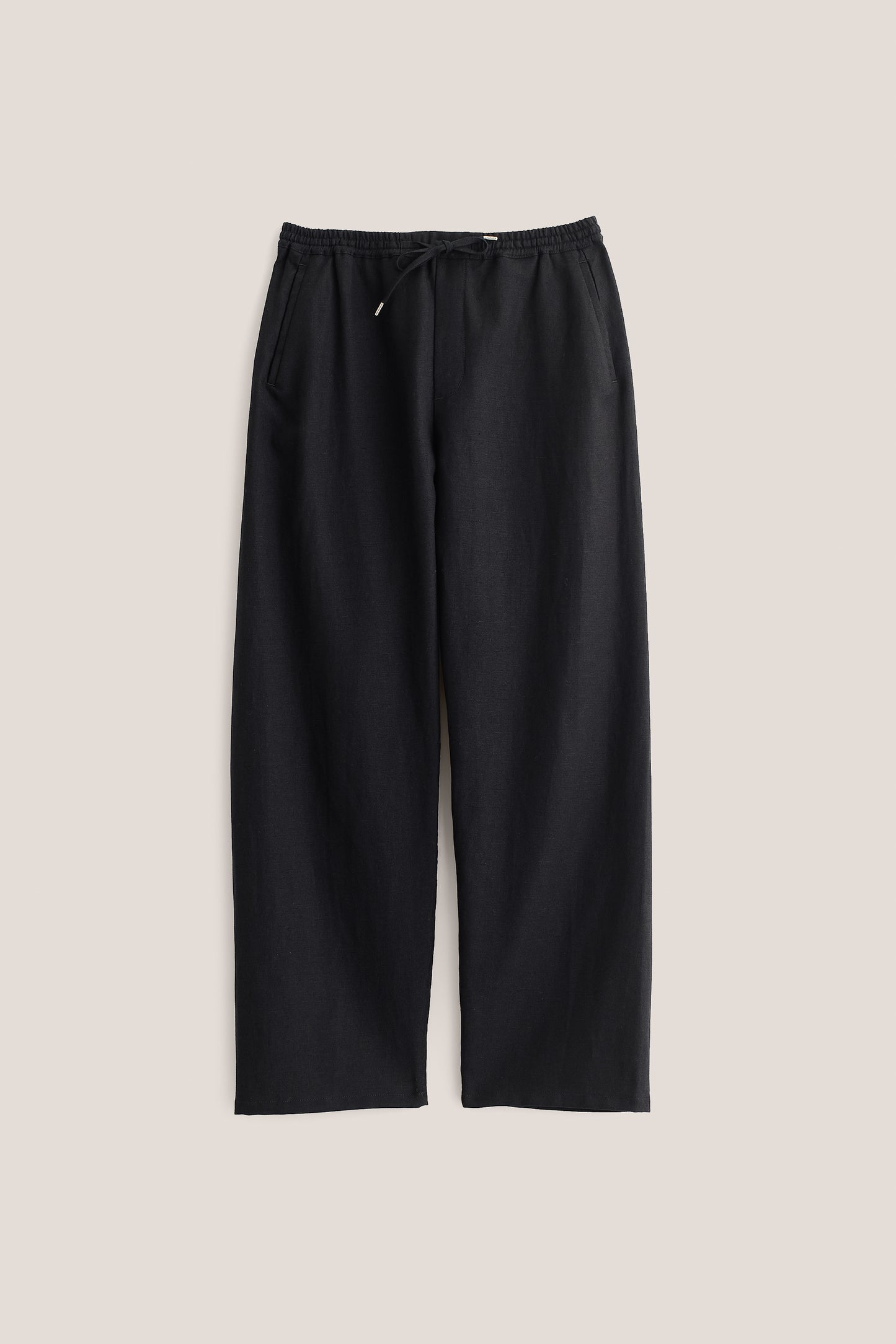 Men's long-pants, worsted wool and linen blend, black, wide straight fit, elasticated waistband, welt pockets.