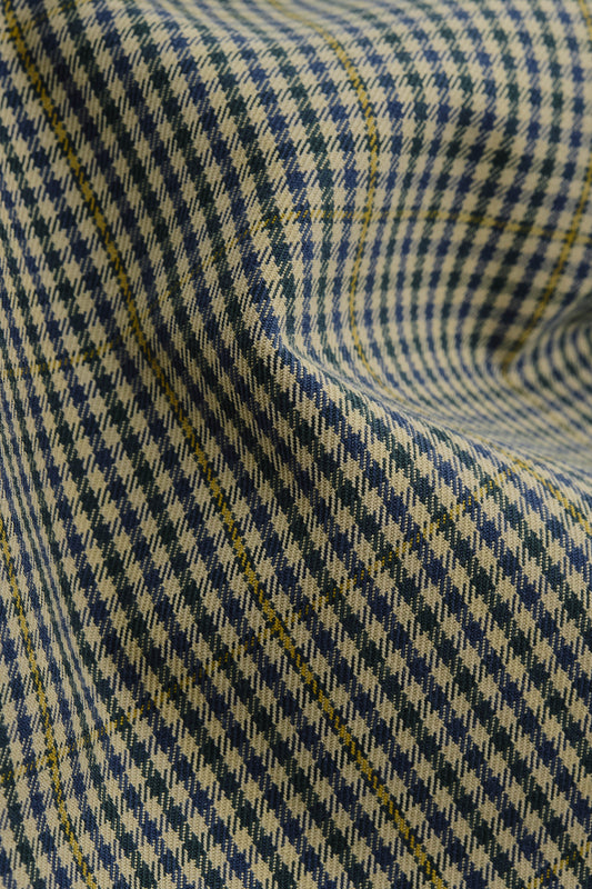 Men's long-pants, 100% cotton houndstooth in navy, green, and yellow on a beige base.