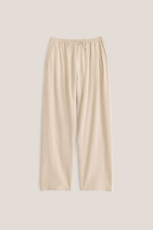 Unisex long-pants, linen silk blend, naturally textured, undyed beige, elasticated waist, wide straight fit.