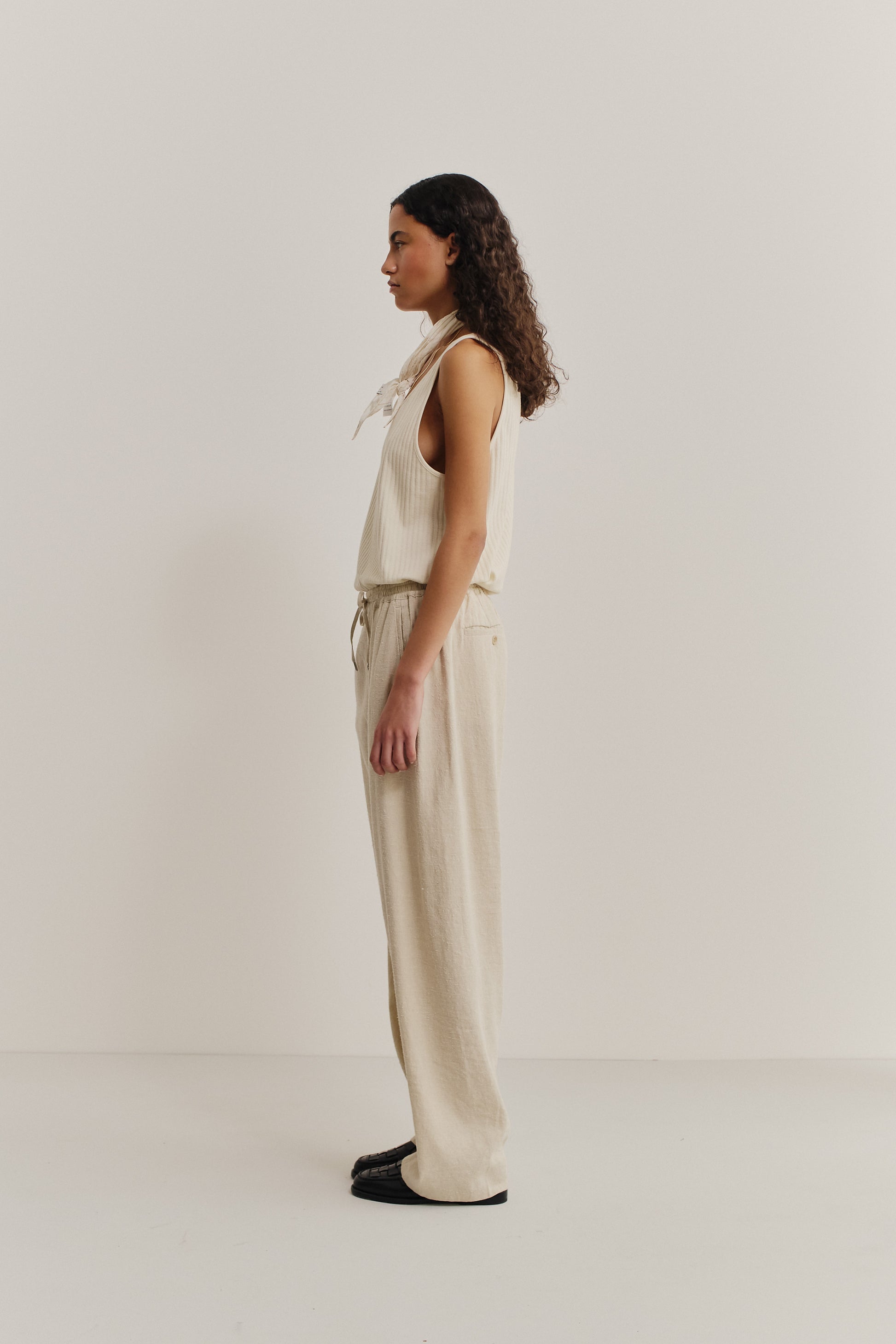 Women's long-pants, linen silk blend, naturally textured, undyed beige, wide straight fit, elastic waist.