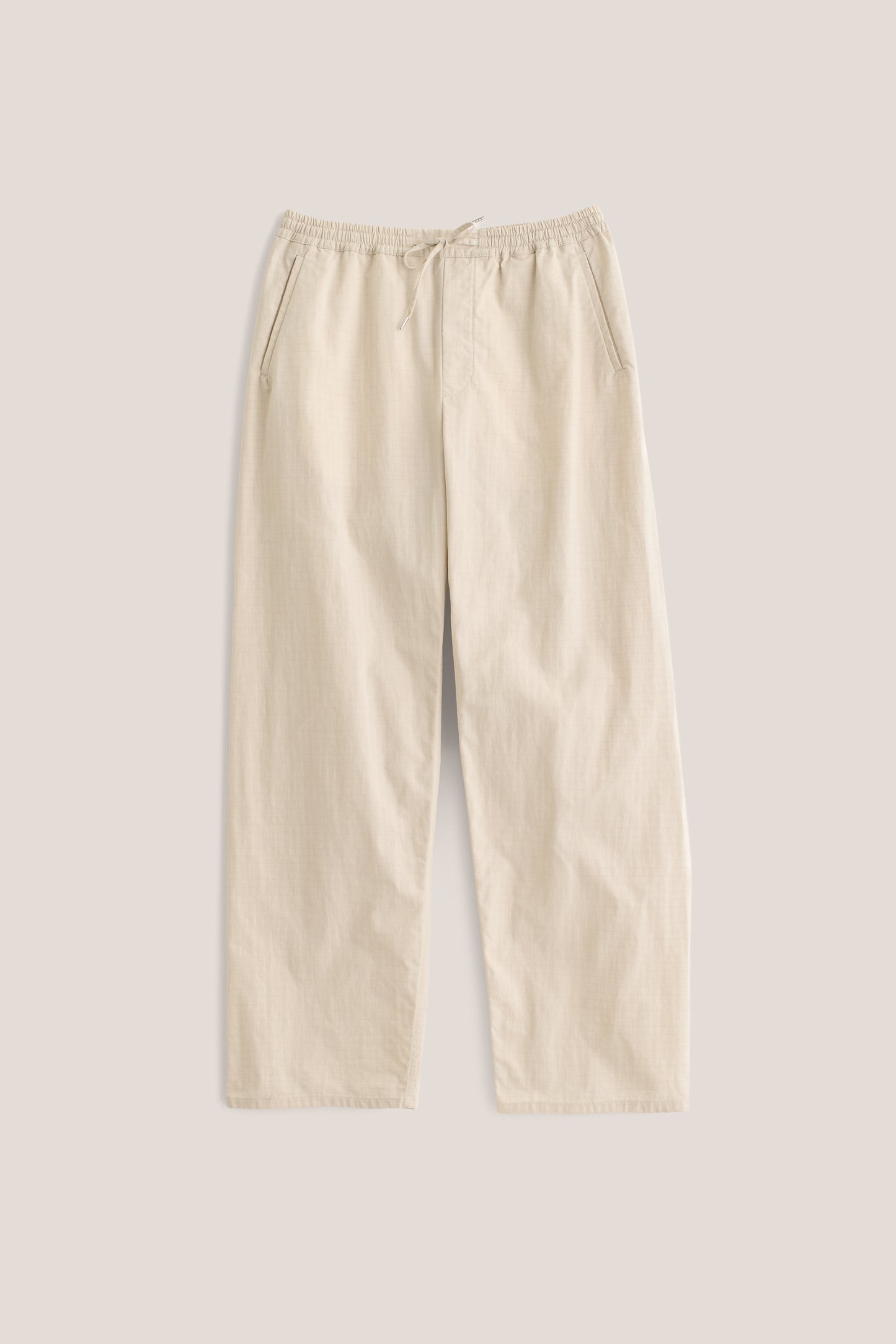 Men's long-pants, cotton blend ripstop, light beige, wide straight fit, elasticated waistband, welt pockets.