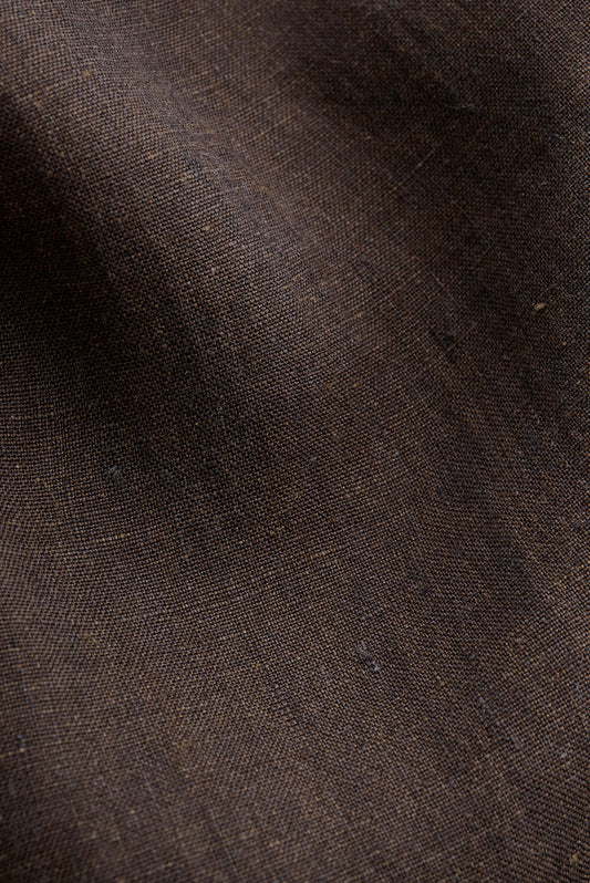 Men's tailoring blazer, 100% linen canvas weave, burnt umber with subtle slubs.