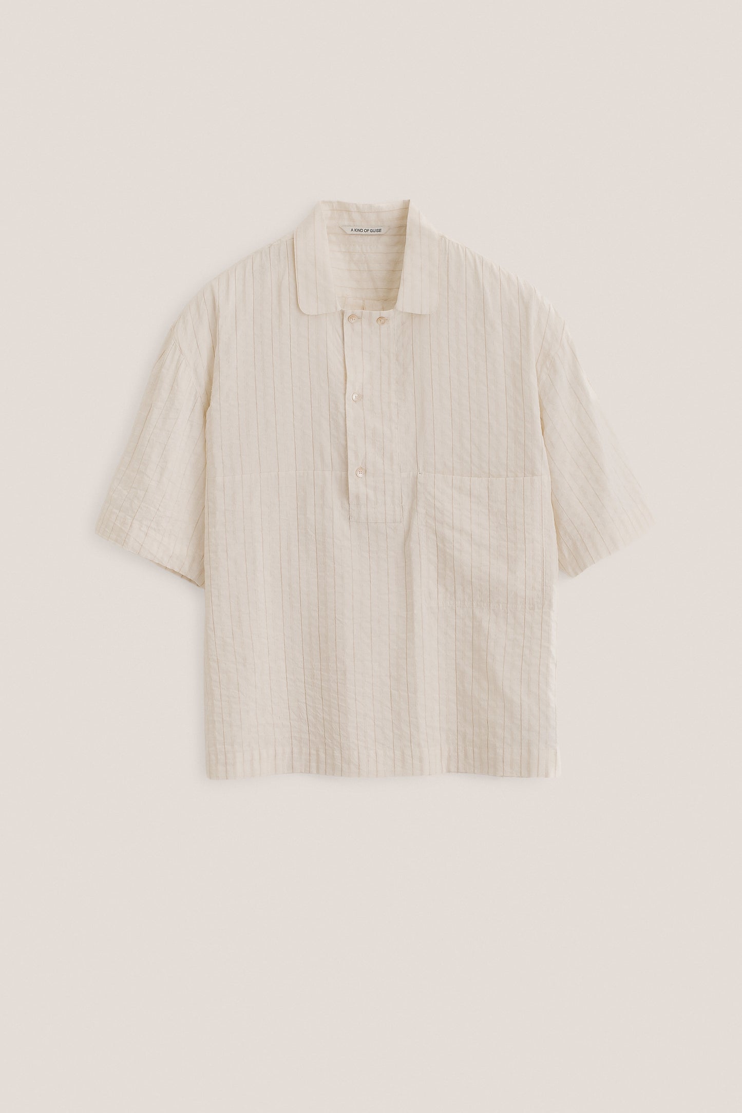 Men's short-sleeved shirt, cotton-silk-linen blend, washed, off-white with subtle vertical stripes.