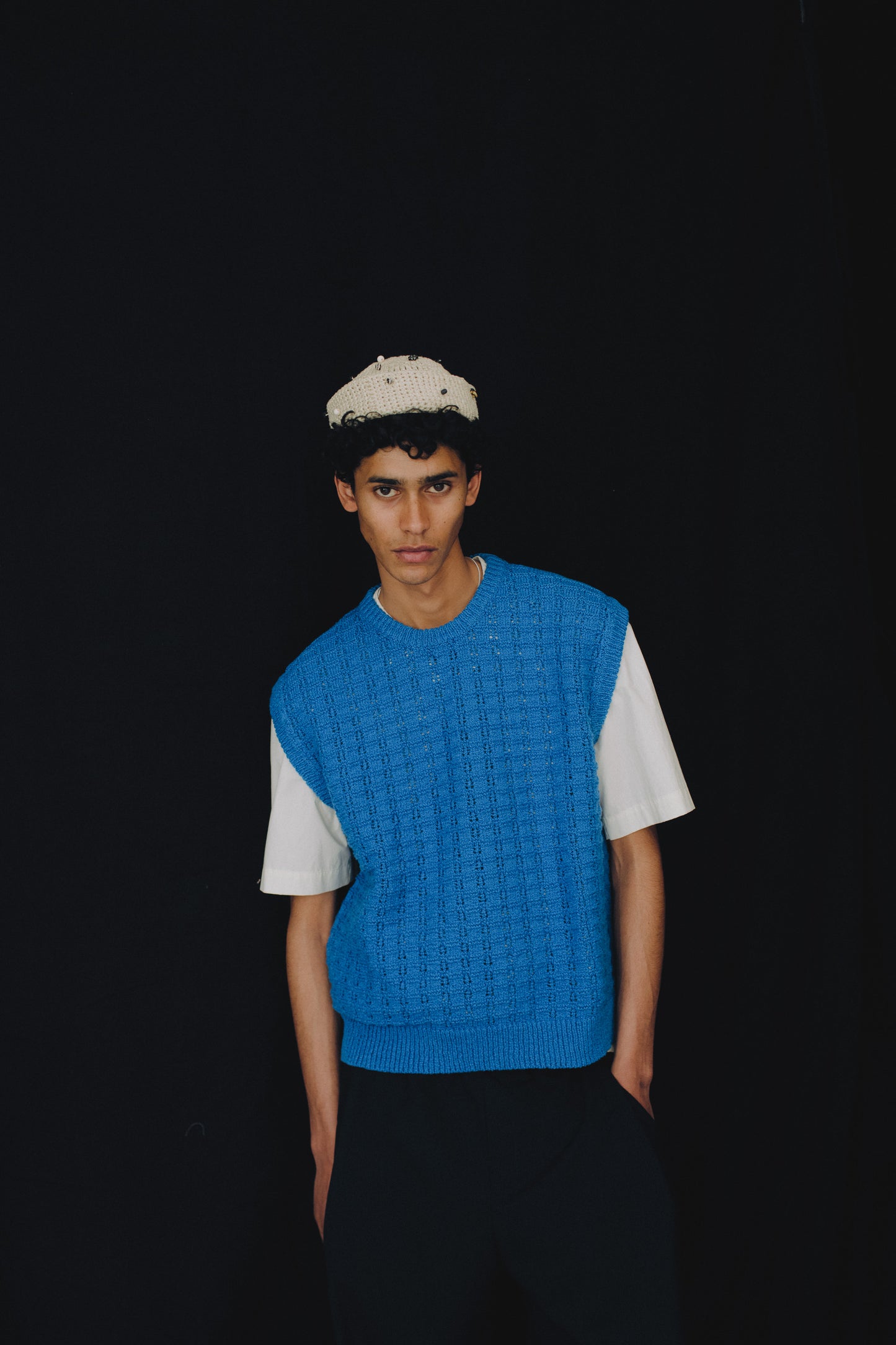 Men's knit vest, cotton-wool bouclé, openwork pattern, blue.