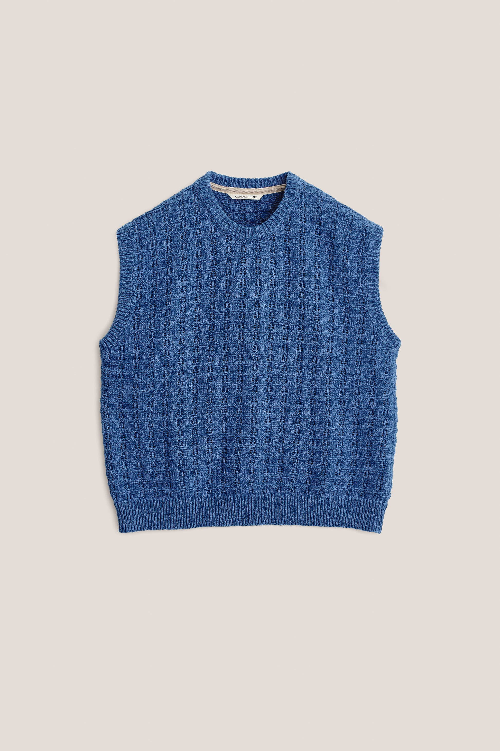 Men's knit vest, cotton-wool bouclé, openwork pattern, blue.