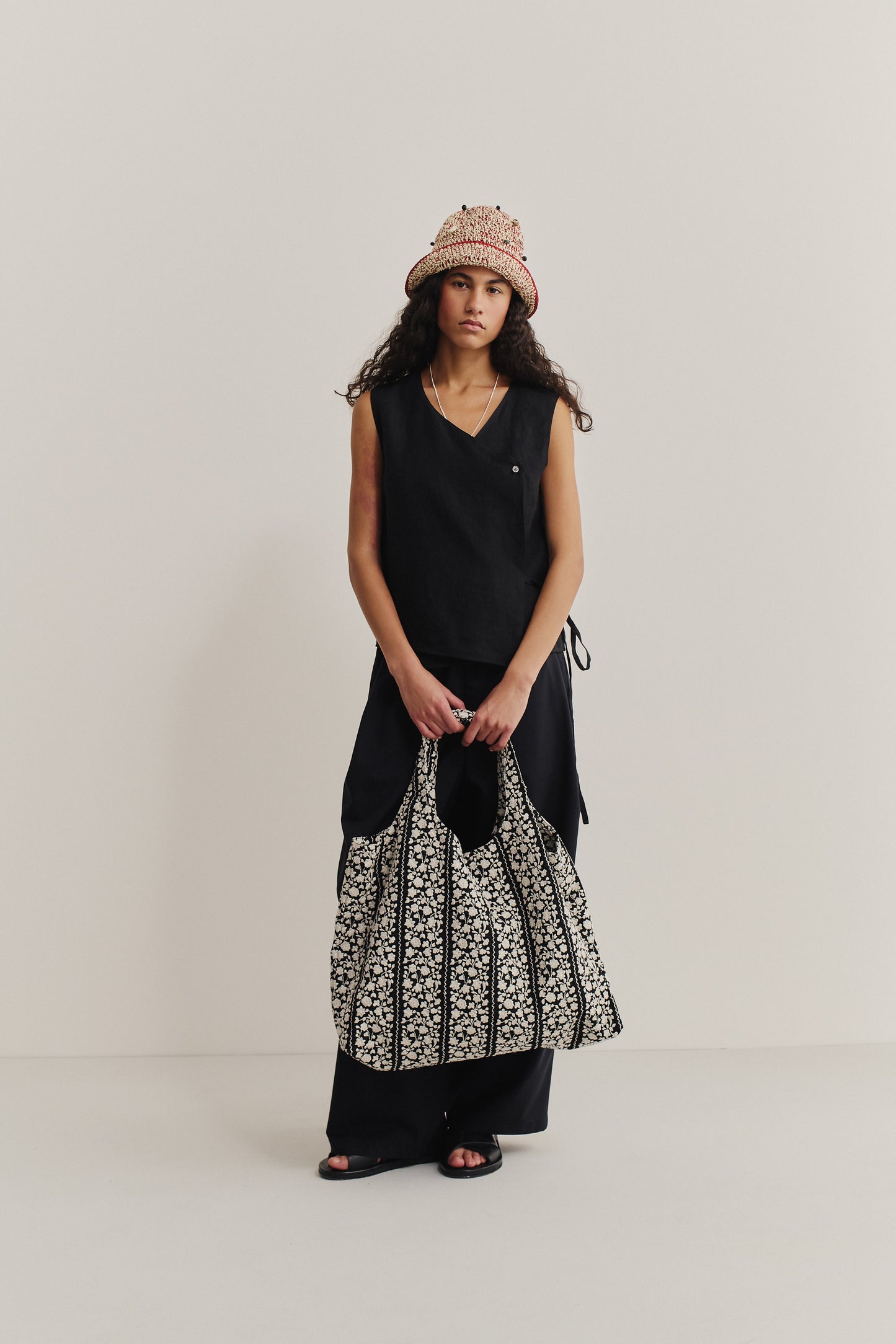 Women's accessories, Thika Bag, cotton, black with white embroidered flower blocks, spacious.
