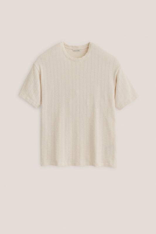 Men's short-sleeved jersey t-shirt, open-knit organic cotton-linen blend, off-white, boxy fit.