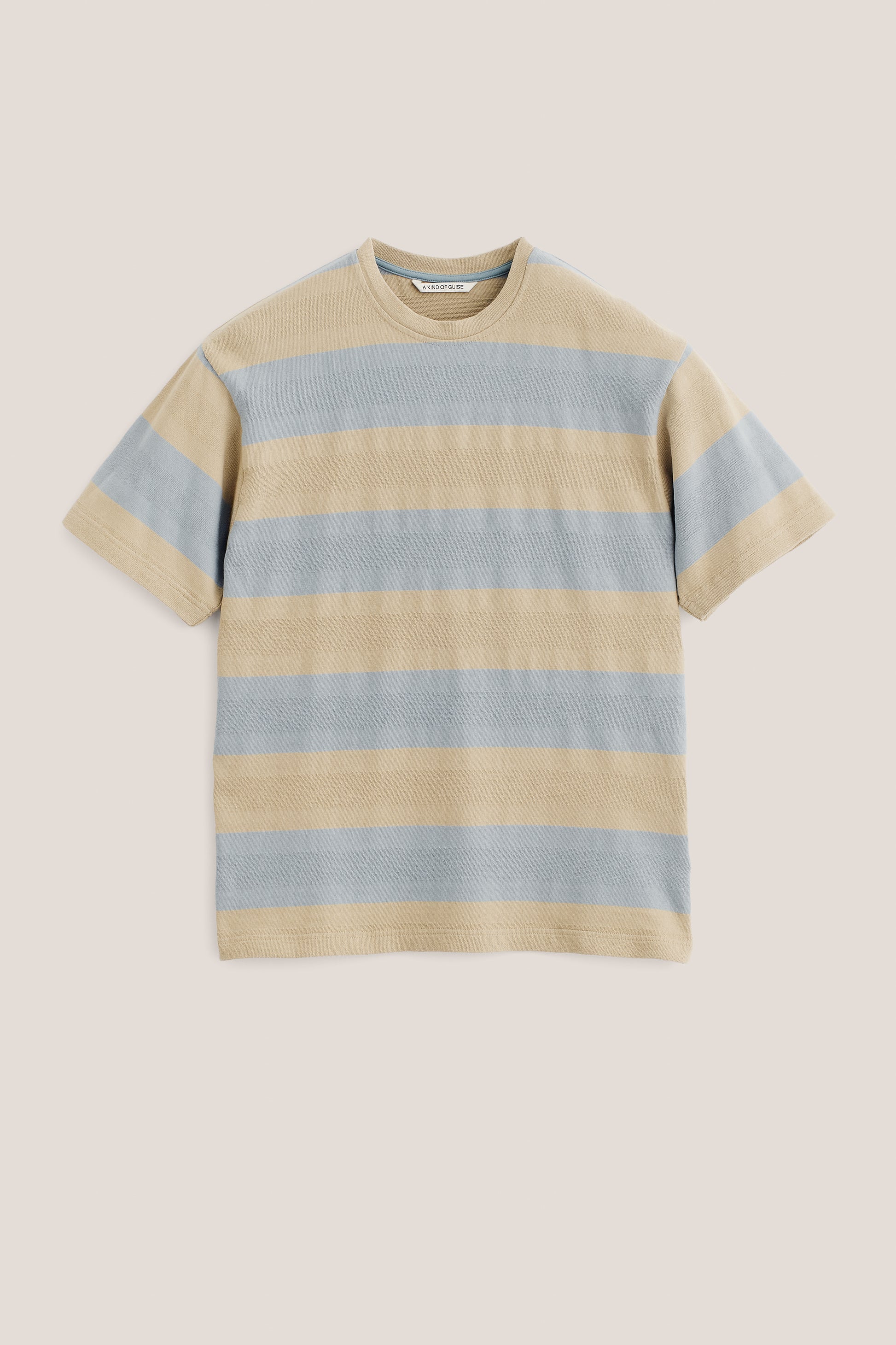 Men's short-sleeved jersey t-shirt, 100% organic cotton, yarn-dyed beige and turquoise stripes.