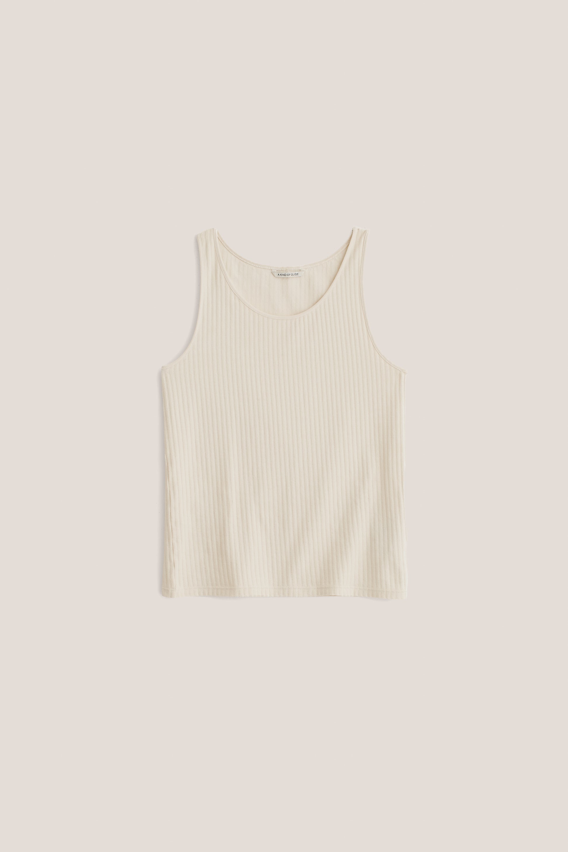 Unisex jersey tanktop, off-white cotton rib with delicate openwork detailing, scooped neckline.