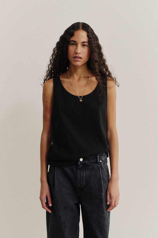 Women's jersey tanktop, cotton mix, garment dyed black, with a wide scooped neckline and rib structure.