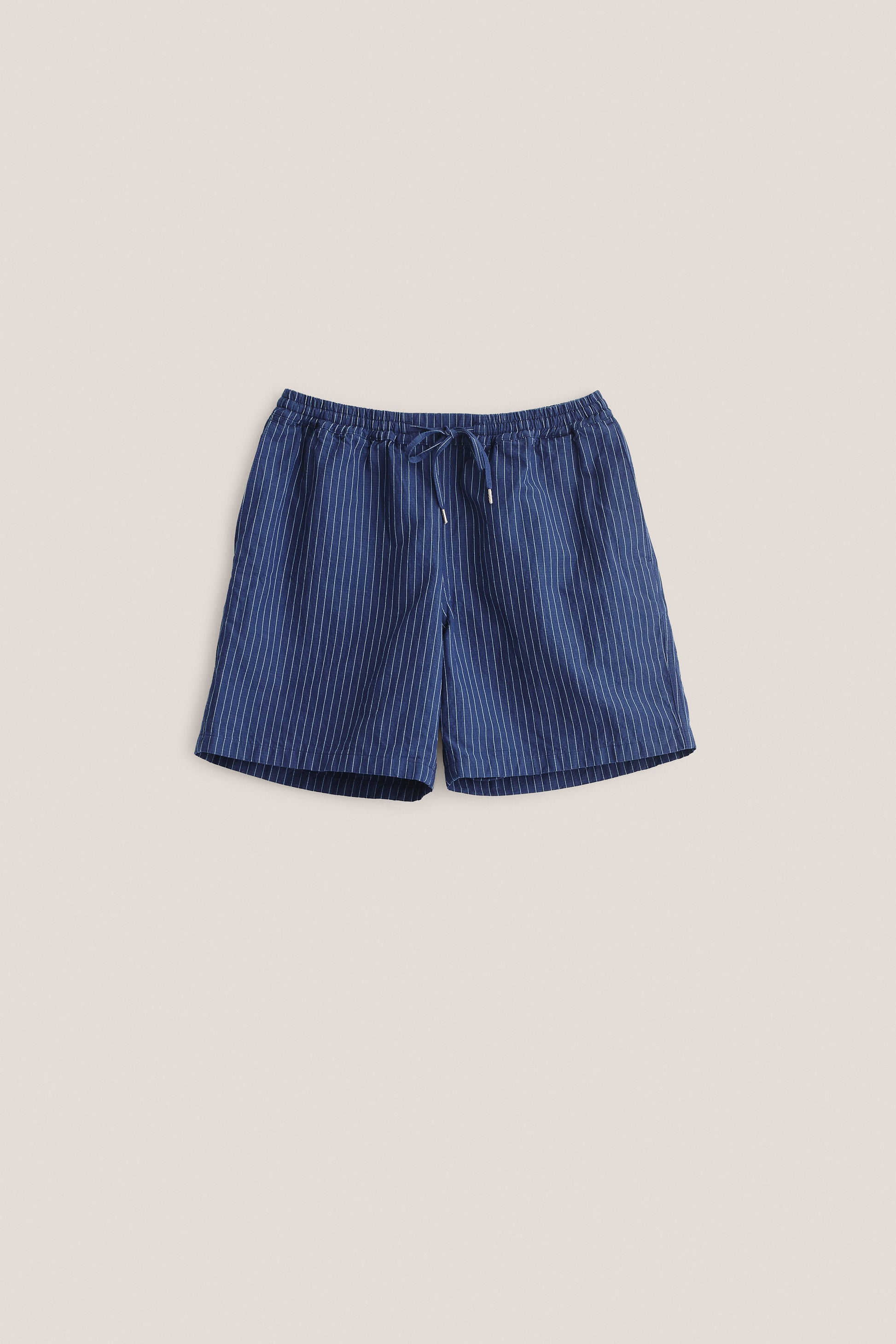 Men's shorts, cotton-linen seersucker with fine pinstripes, navy with white stripes, adjustable drawstring waist.