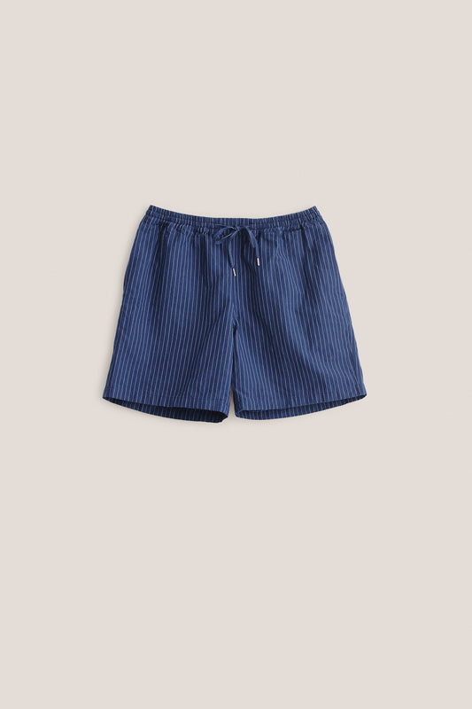 Men's shorts, cotton-linen seersucker with fine pinstripes, navy with white stripes, adjustable drawstring waist.