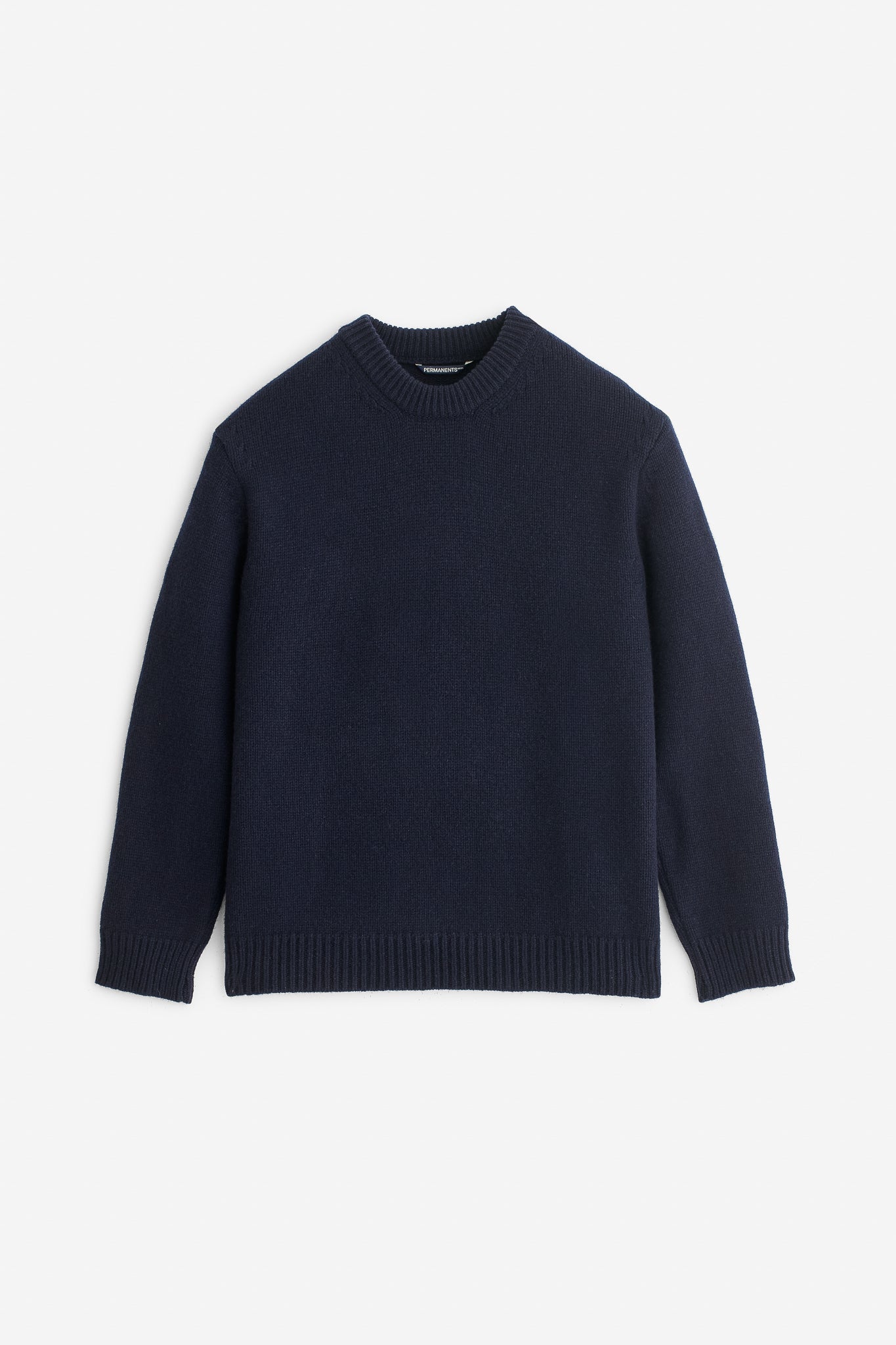 Men's knit pullover, navy merino wool-cashmere blend, relaxed fit, rib-knit neck, cuffs, and hem.