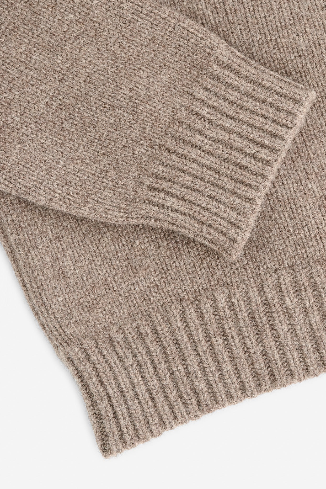 Men's knit pullover, taupe melange wool-cashmere blend, featuring rib-knit cuffs and hem.