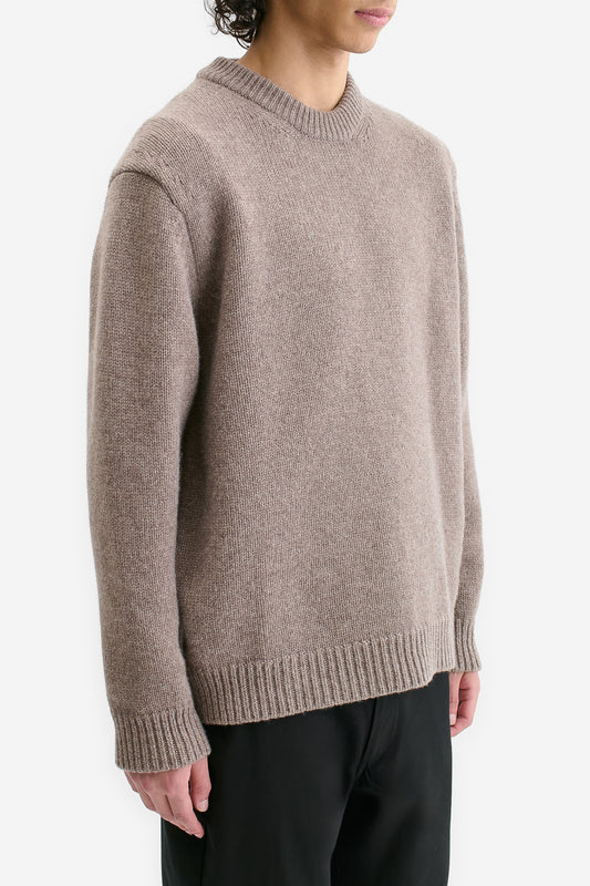 Men's knit pullover, taupe melange wool-cashmere blend, relaxed fit with rib-knit neck, cuffs, and hem.