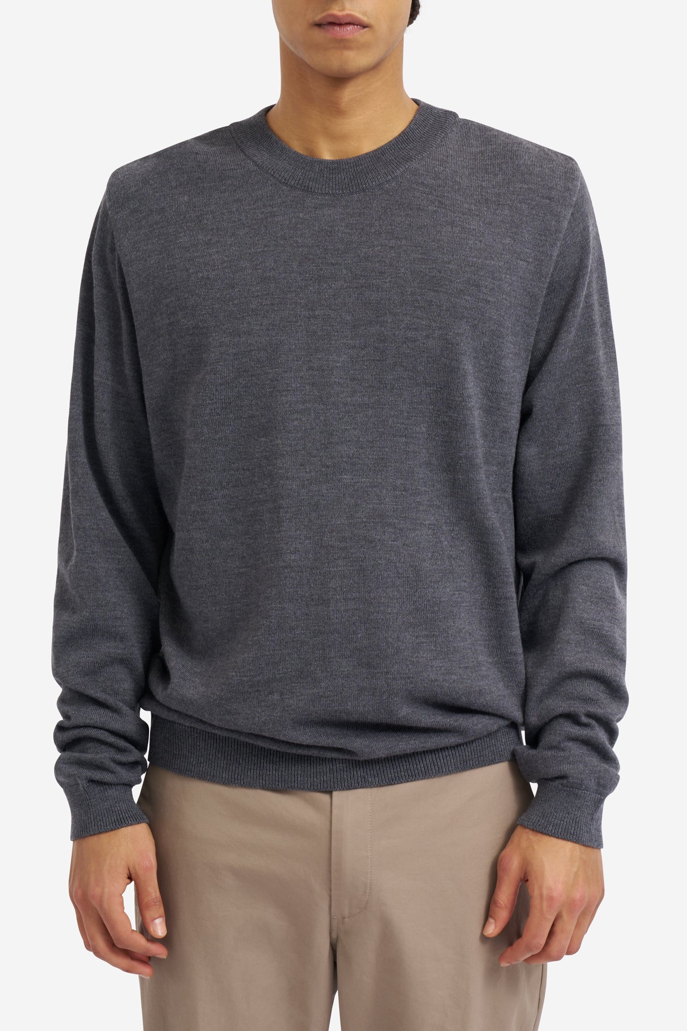 Men's knit crewneck, mulesing-free merino wool, dark-grey, with rib-knit neck, cuffs, and hem.