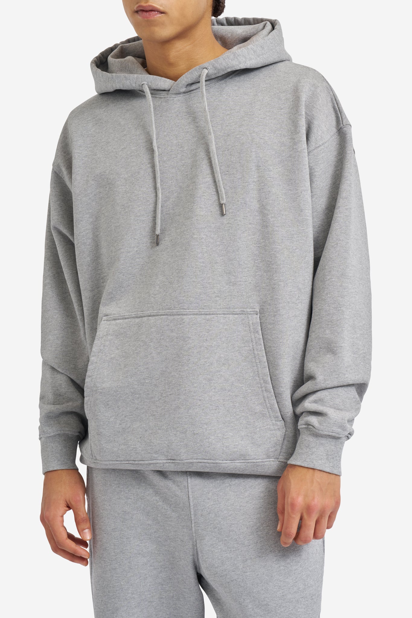 Men's jersey hoodie, 100% organic cotton, pre-washed, grey melange, with adjustable hood and kangaroo pocket.
