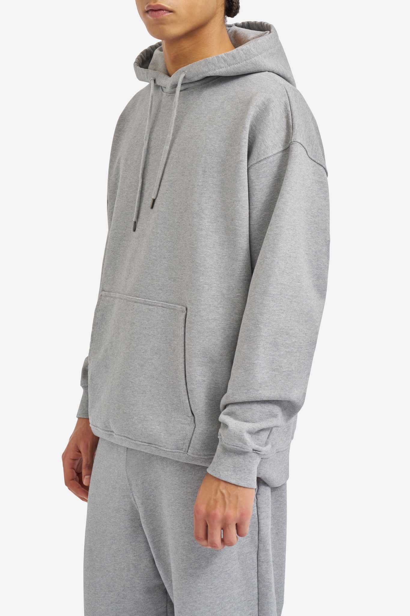 Men's jersey hoodie, 100% organic cotton, pre-washed, grey melange, with kangaroo pocket.