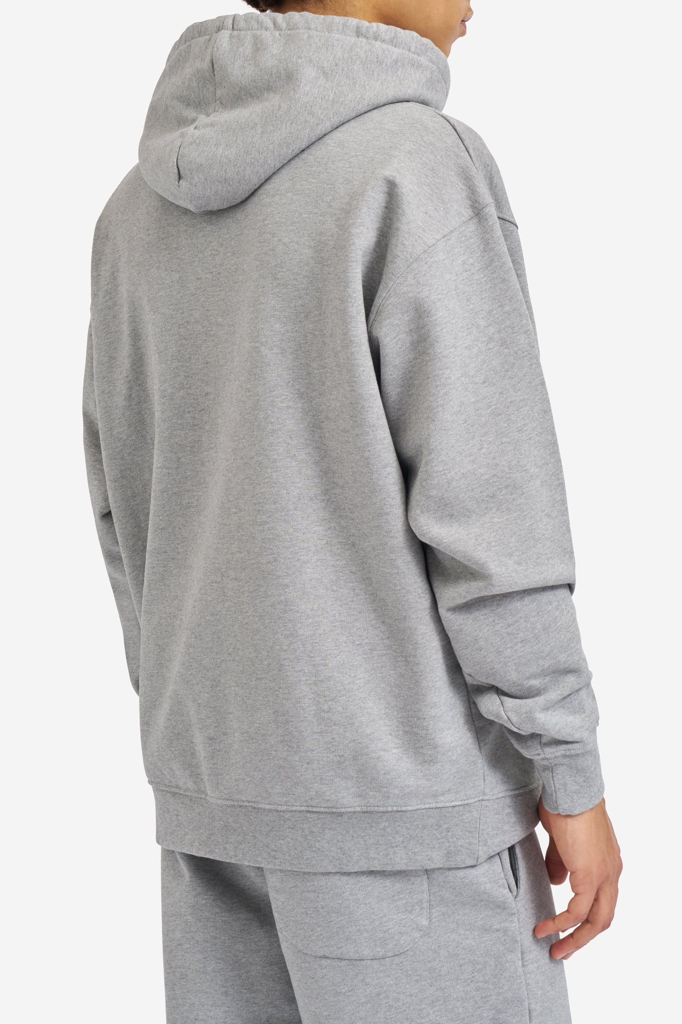 Men's jersey hoodie, organic cotton, pre-washed grey melange, loose fit.